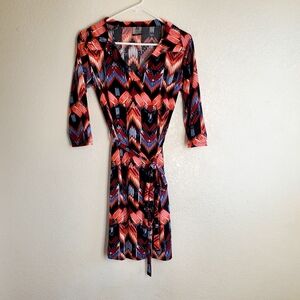 JM Collection Red Multi-color Geo Print 3/4 Sleeve Dress S Art Church Offfice